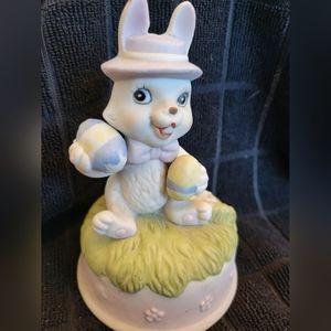 Vintage Flambo Bisque Porcelain Easter Bunny Music Box Plays Well 5.25"